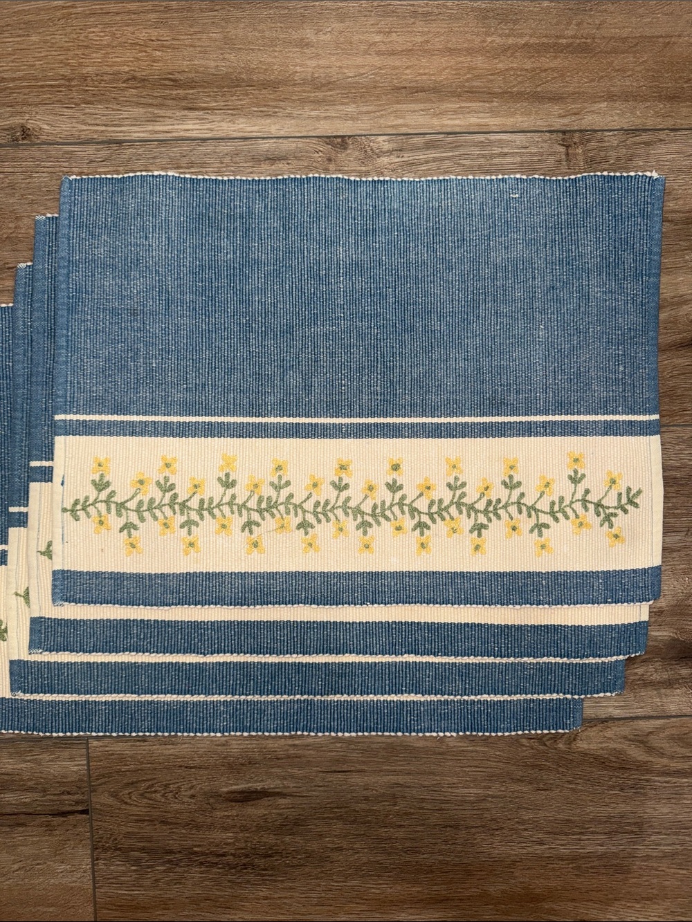 Blue Floral Border Placemat Set - Yellow & Green Embroidery